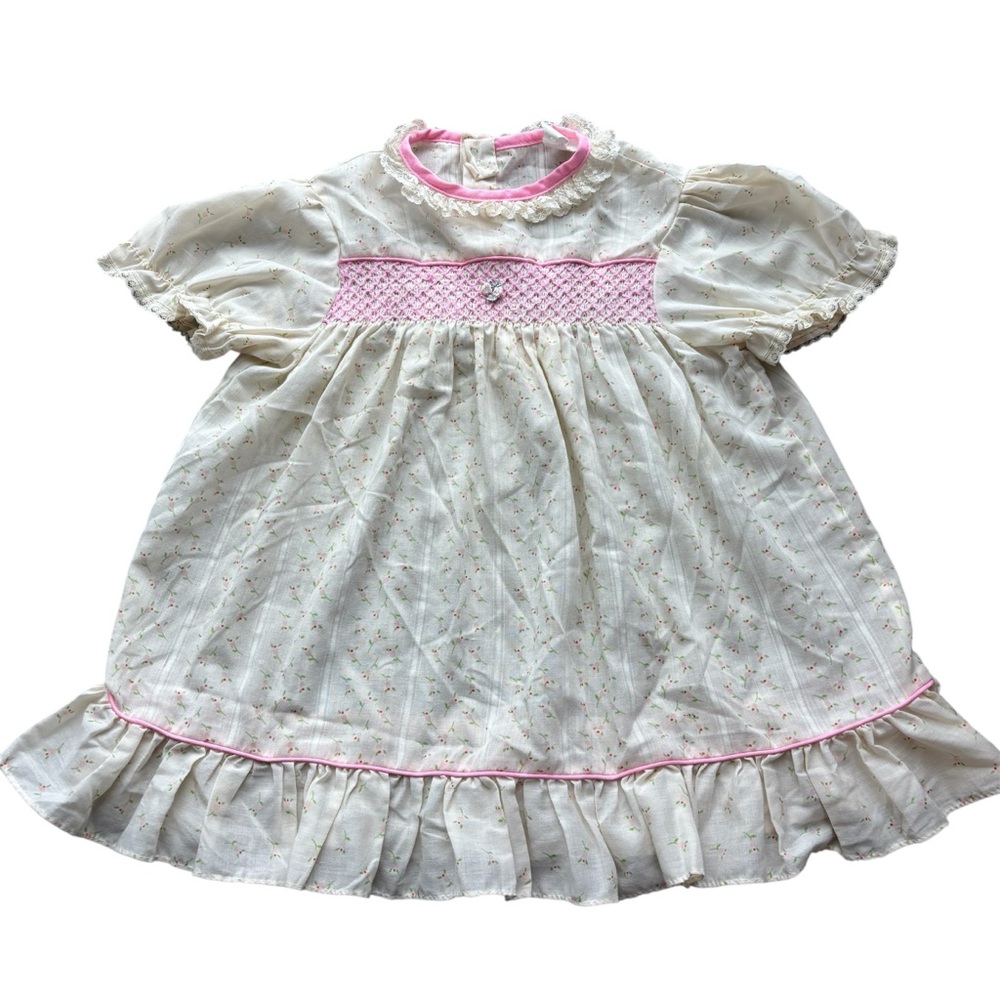 VTG Baby Girl Smocked Dress Floral Print Ruffle Cottagecore 18-24M Embroidered